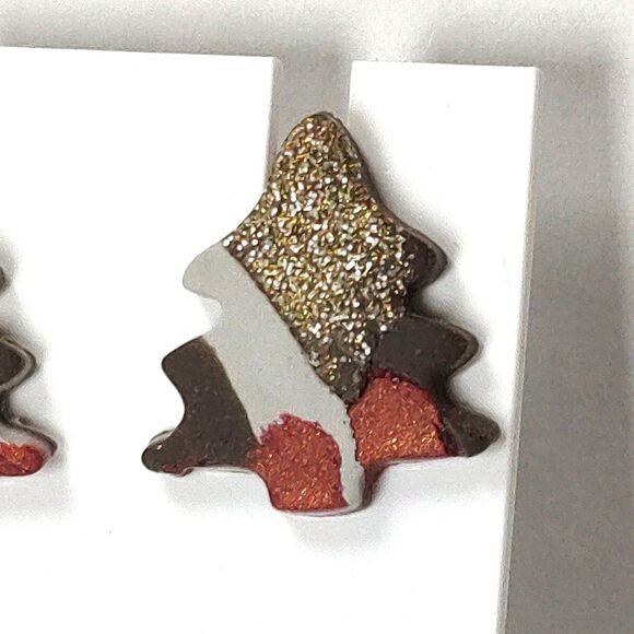 Holiday Christmas Tree Stud Post Earrings Multicolor Camo Gold Glitter Seasonal - Picture 8 of 13